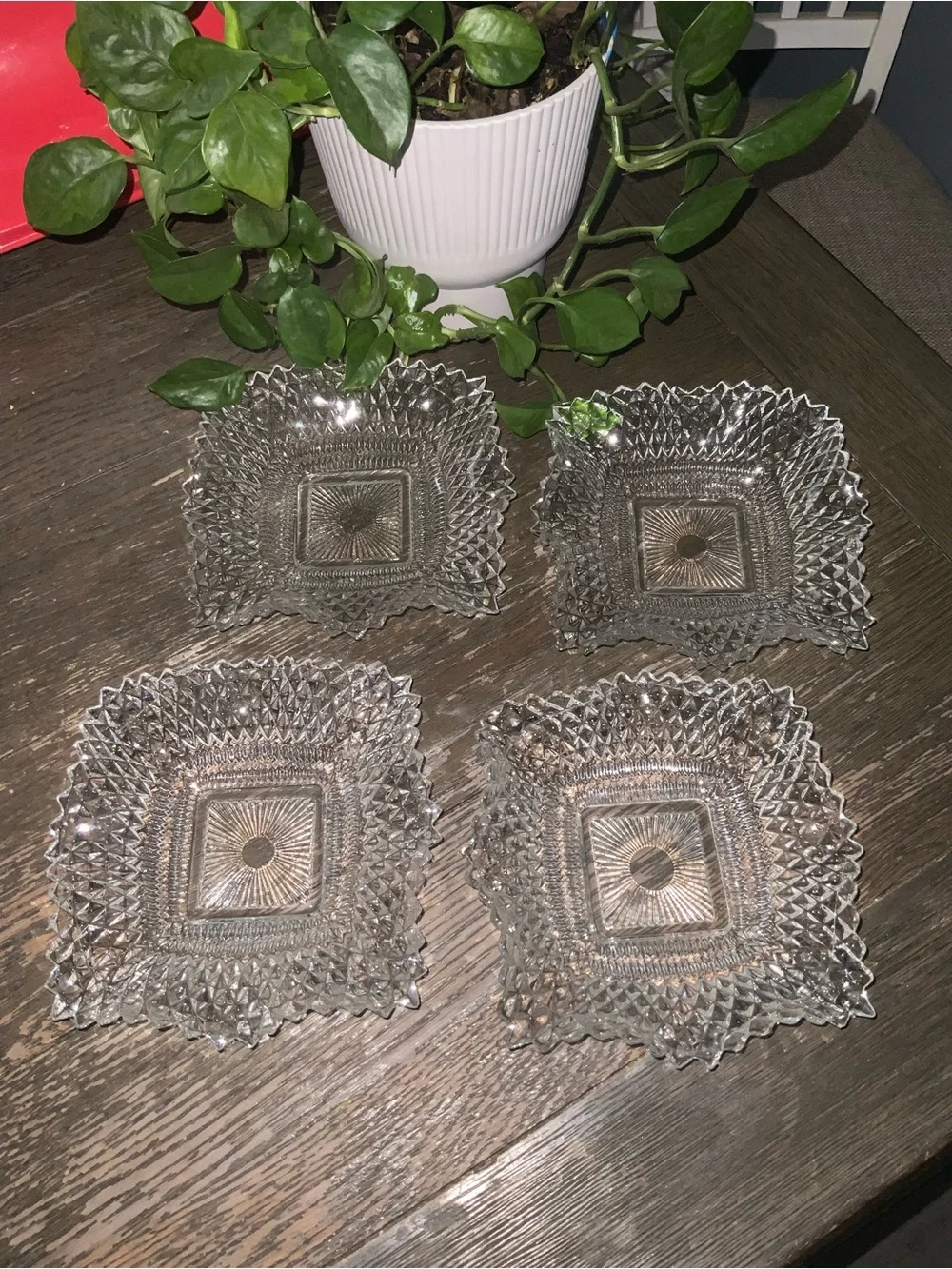 Vintage Indiana Glass Diamond Point Wavy Salad Dish - Set of 4 - 6.75”